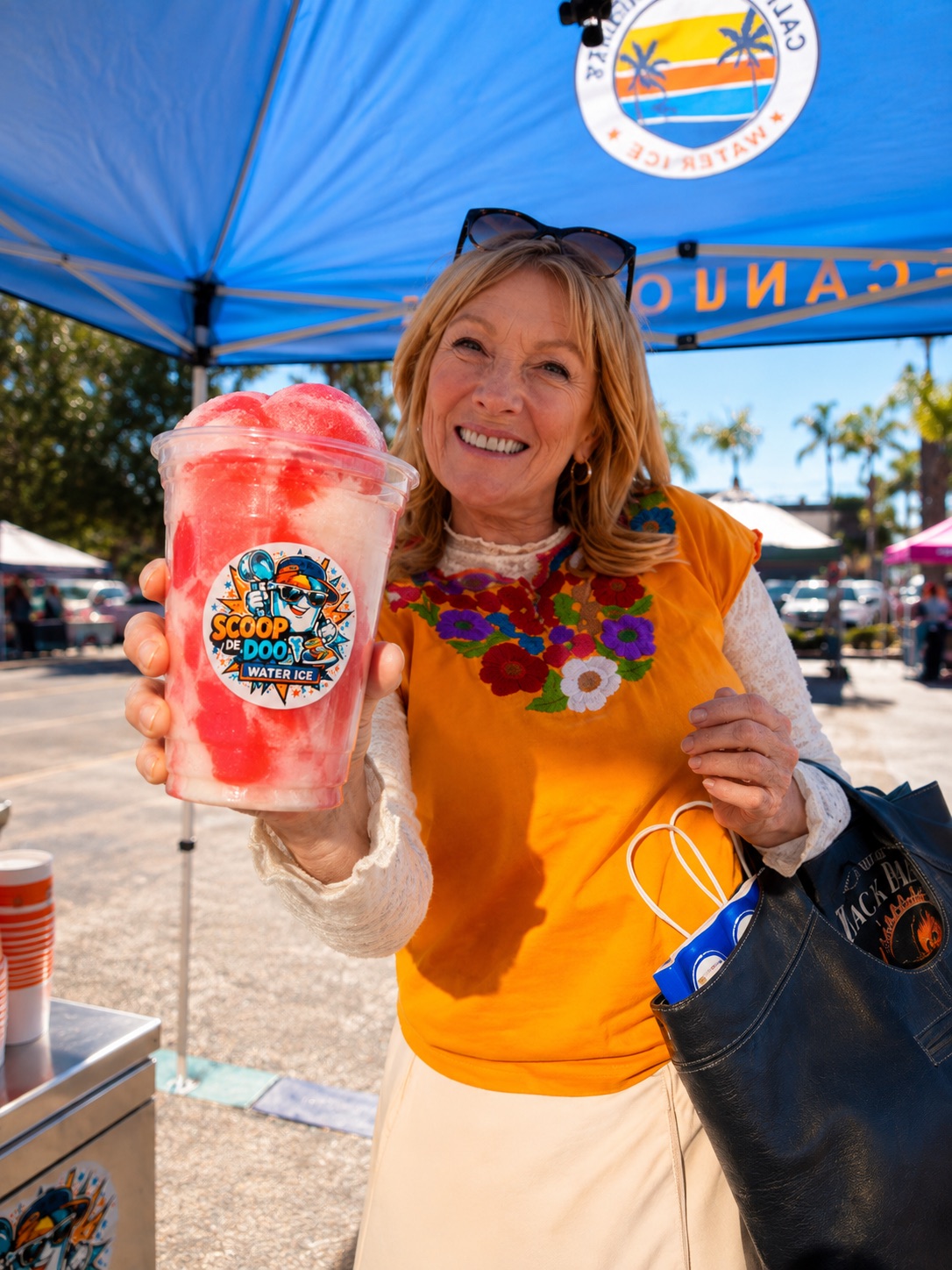 A happy customer holding up her Scoop De Doo cup at a San Diego market