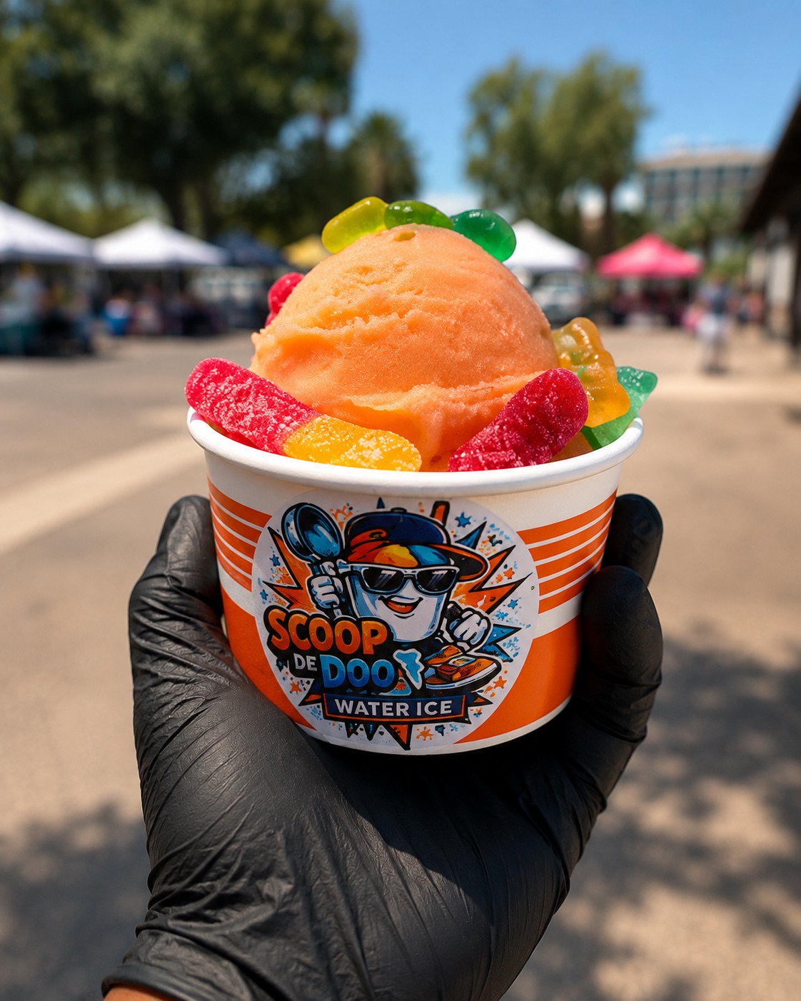 Mango water ice topped with gummy worms and gummy bears in a branded Scoop De Doo cup
