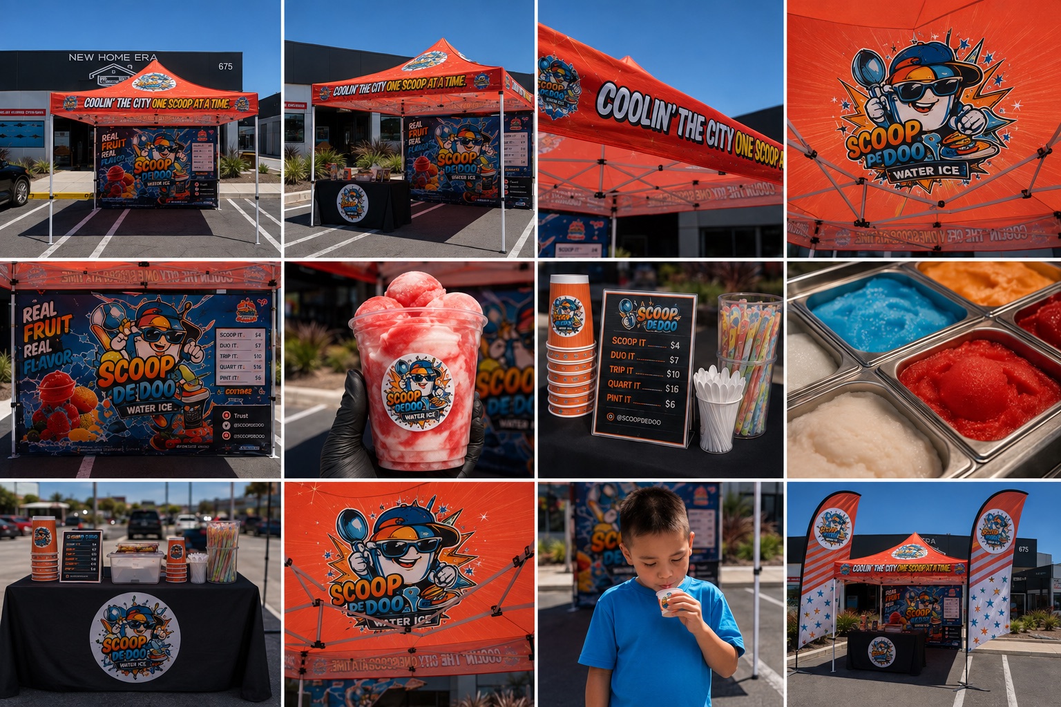 The Scoop De Doo setup — the orange Coolin' The City tent, the menu board, flavor pans, cups and customers at a San Diego market