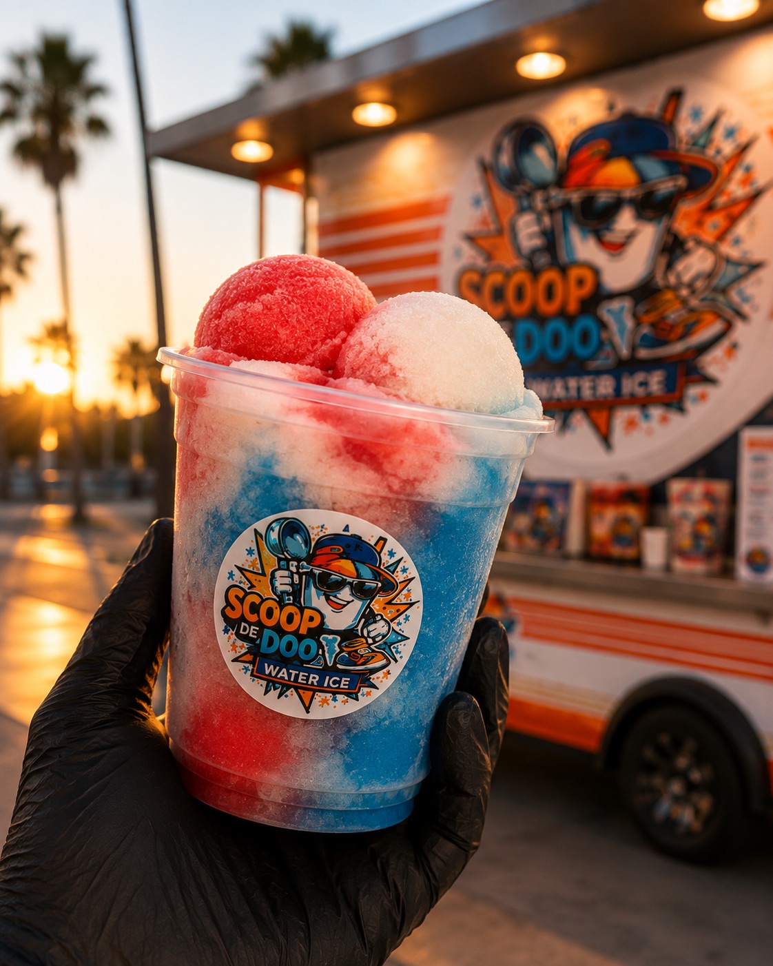 A layered red, white and blue cup in front of the Scoop De Doo truck