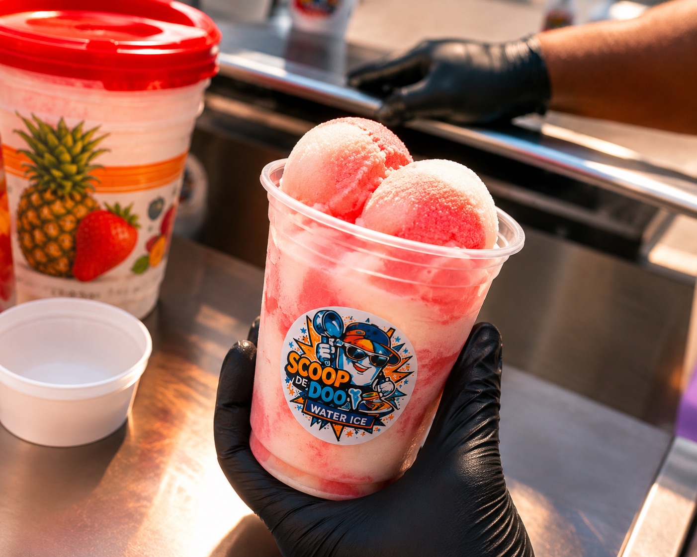 A freshly packed strawberry and piña colada water ice cup on the service counter