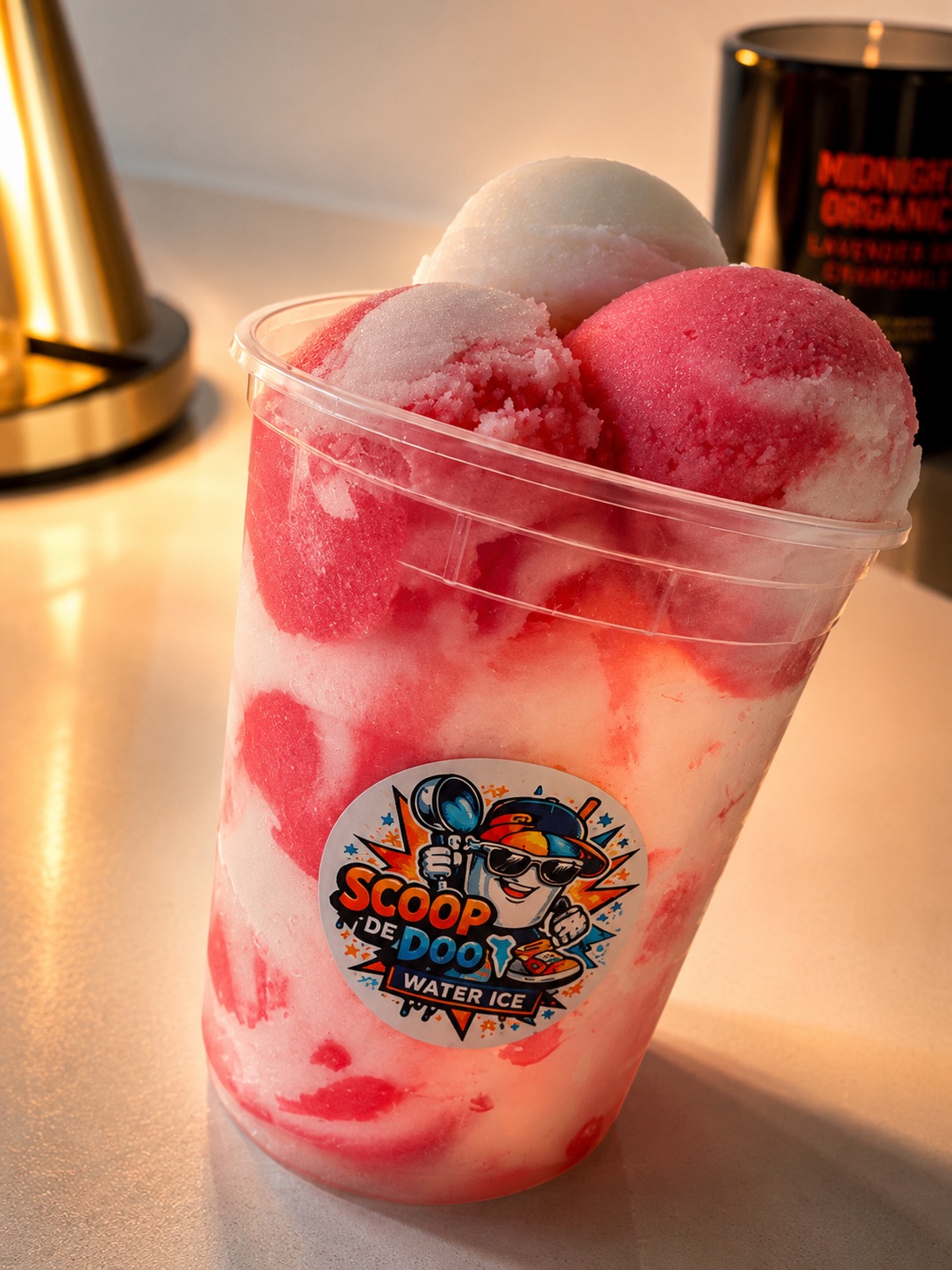 Tall 32 oz cup layered with strawberry and piña colada water ice